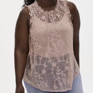 NWT Torrid Taupe Sheer Mesh Embroidered Blouse